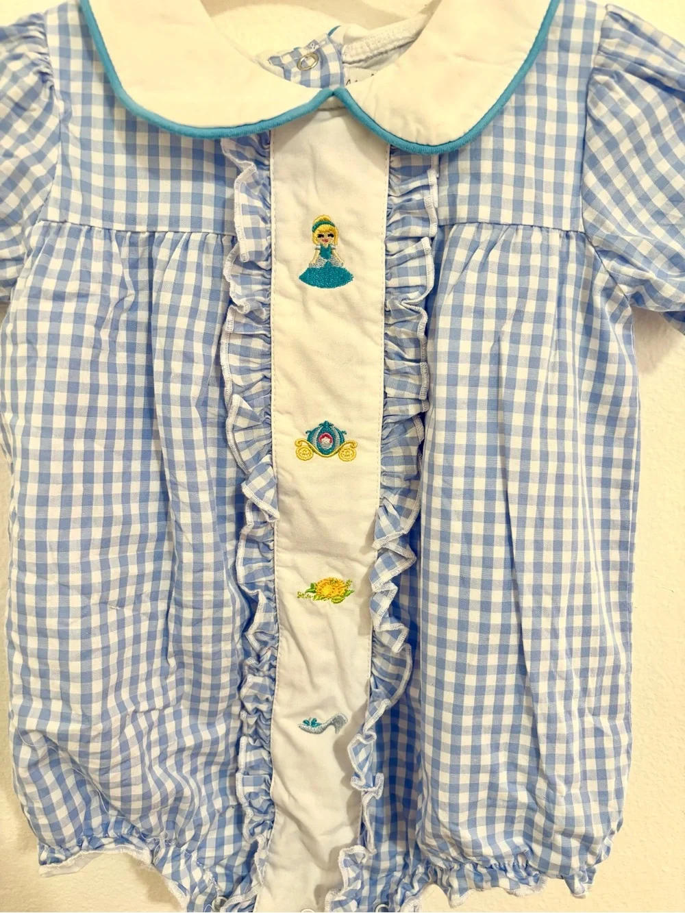 Princess Gingham Baby smocked Romper with White Peter Pan Collar